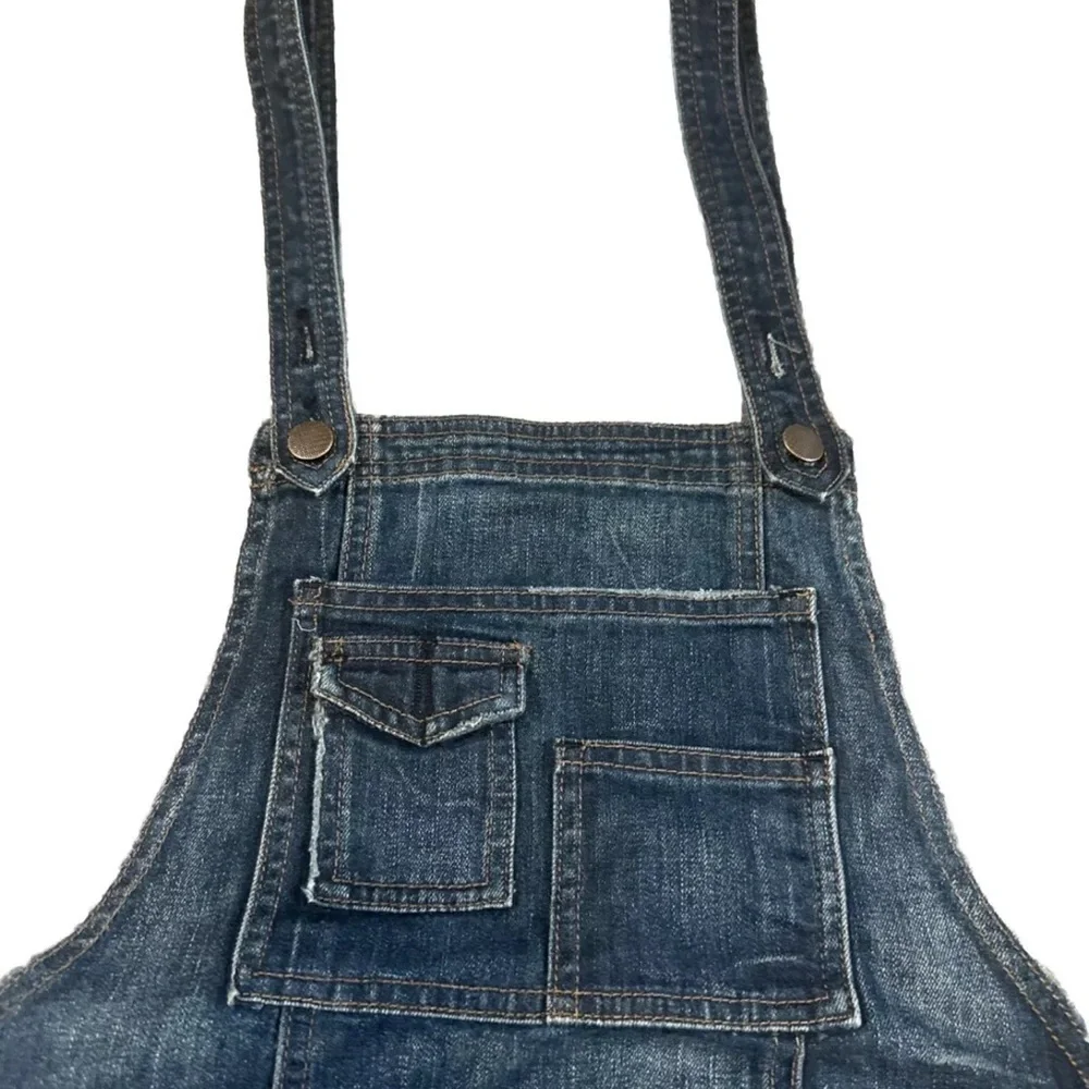 Free People Cross Back Bib Overalls Milo Distressed Blue Denim Boho Jeans Sz 28 - Picture 3 of 7
